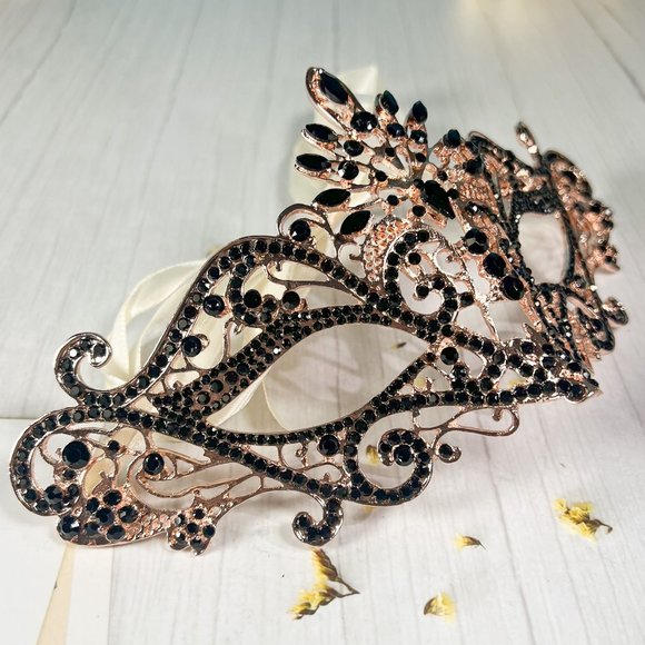 Masquerade Mask Luxury Black Crystal, Rhinestone Gold Mask, Black Diamond Mask - Picture 3 of 3